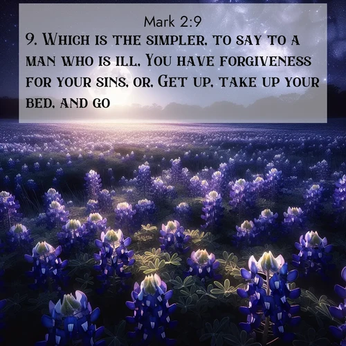 BBE Gospel of Mark 2:9 overlaying nature image scene: Moonlight illuminates a field of bluebonnets. A warm breeze carries their sweet fragrance across the prairie.;9. Which is the simpler, to say to a man who is ill, You have forgiveness for your sins, or, Get up, take up your bed, and go?