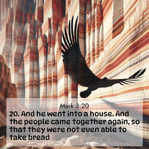 BBE Gospel of Mark 3:20 overlaying nature image scene: Desert varnish streaks ancient canyon walls. A condor's shadow glides across the patterns.;20. And he went into a house. And the people came together again, so that they were not even able to take bread.