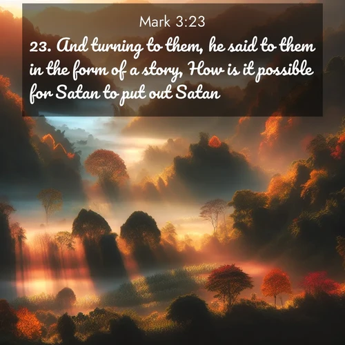 BBE Gospel of Mark 3:23 overlaying nature image scene: Autumn mist rises from warming morning valleys.;23. And turning to them, he said to them in the form of a story, How is it possible for Satan to put out Satan?
