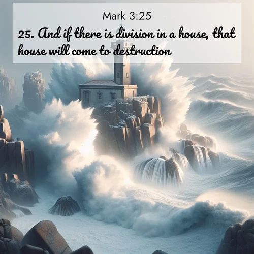 BBE Gospel of Mark 3:25 overlaying nature image scene: Winter storms send massive waves crashing against lighthouse rocks.;25. And if there is division in a house, that house will come to destruction;