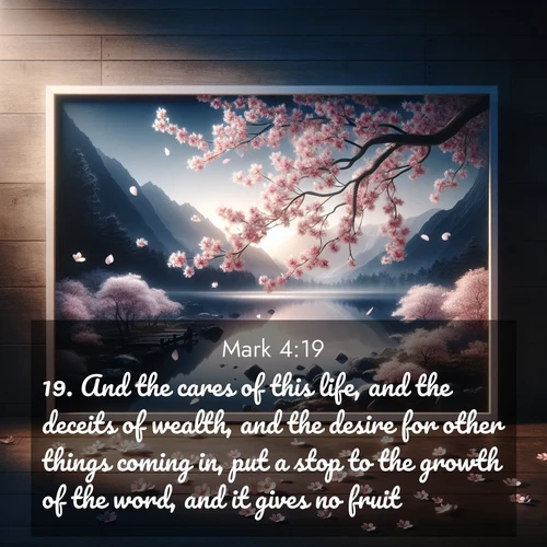BasicEnglish Gospel of Mark  ; image nature: image with the bible verse :And the cares of this life, and the deceits of wealth, and the desire for other things coming in, put a stop to the growth of the word, and it gives no fruit. ; Admire our gallery of Bible verse images paired with serene nature photography, featuring starlit skies, golden sands, and blooming wildflowers. Download and share verses like KJV Gospel of Mark 4:19. Current verse is overlayed with the thematic nature scene : Cherry blossoms swirl in a spring breeze. Their petals dust the surface of a still mountain pond. ; 4:19