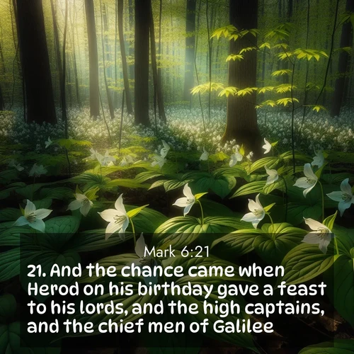 BBE Gospel of Mark 6:21 overlaying nature image scene: Wild trillium carpets the forest floor. Sunlight filters green through new spring leaves.;21. And the chance came when Herod on his birthday gave a feast to his lords, and the high captains, and the chief men of Galilee;