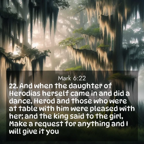 BBE Gospel of Mark 6:22 overlaying nature image scene: Moss-draped cypress trees emerge from morning fog. Spanish moss sways like ancient lace.;22. And when the daughter of Herodias herself came in and did a dance, Herod and those who were at table with him were pleased with her; and the king said to the girl, Make a request for anything and I will give it you.