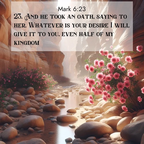 BBE Gospel of Mark 6:23 overlaying nature image scene: Desert roses bloom in a hidden canyon after rare rainfall. Their pink petals contrast against weathered sandstone walls.;23. And he took an oath, saying to her, Whatever is your desire I will give it to you, even half of my kingdom.