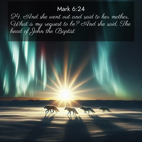 BBE Gospel of Mark 6:24 overlaying nature image scene: Arctic wolves traverse windswept tundra. Northern lights paint their fur in shifting colors.;24. And she went out and said to her mother, What is my request to be? And she said, The head of John the Baptist.