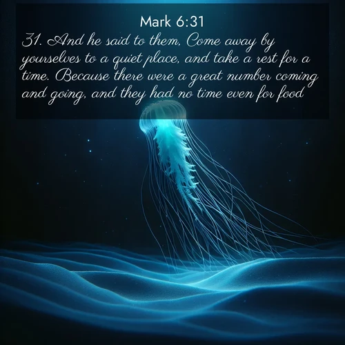 BBE Gospel of Mark 6:31 overlaying nature image scene: A lone jellyfish pulses through midnight waters. Its bioluminescent tendrils paint trails of azure light in the depths.;31. And he said to them, Come away by yourselves to a quiet place, and take a rest for a time. Because there were a great number coming and going, and they had no time even for food.