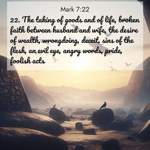 BBE Gospel of Mark 7:22 overlaying nature image scene: Desert petroglyphs tell ancient stories. Ravens soar past wearing shadows for wings.;22. The taking of goods and of life, broken faith between husband and wife, the desire of wealth, wrongdoing, deceit, sins of the flesh, an evil eye, angry words, pride, foolish acts: