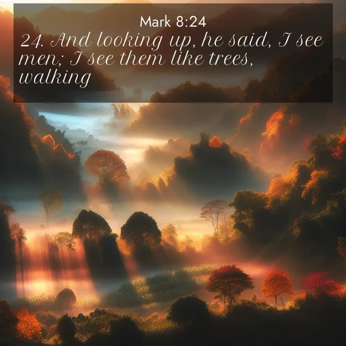 BasicEnglish Gospel of Mark  ; image nature: image with the bible verse :And looking up, he said, I see men; I see them like trees, walking. ; Admire Bible verse images illustrated by summer photos, such as sunny beaches, sparkling waves, and swaying palm trees. These bright scenes highlight the joy and warmth of God&#039;s creation. Download and share verses like KJV Gospel of Mark 8:24. Current verse is overlayed with the thematic nature scene : Autumn mist rises from warming morning valleys. ; 8:24