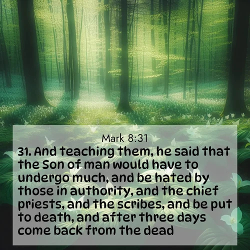 BasicEnglish Gospel of Mark  ; image nature: image with the bible verse :And teaching them, he said that the Son of man would have to undergo much, and be hated by those in authority, and the chief priests, and the scribes, and be put to death, and after three days come back from the dead. ; Explore Bible verse images beautifully illustrated with spring scenes, such as blooming meadows, trees in full bloom, and tranquil streams. These landscapes convey divine hope and vitality. Download and share verses like KJV Gospel of Mark 8:31. Current verse is overlayed with the thematic nature scene : Wild trillium dots the forest floor. Green light filters through spring leaves. ; 8:31