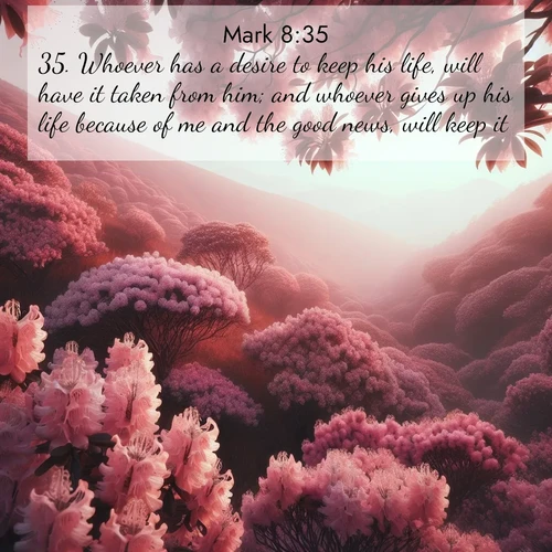 BasicEnglish Gospel of Mark  ; image nature: image with the bible verse :Whoever has a desire to keep his life, will have it taken from him; and whoever gives up his life because of me and the good news, will keep it. ; Explore Bible verses paired with beach photos, where waves gently crash on the sand and the sky glows with pastel hues at sunset. These scenes convey deep serenity. Download verses like KJV Gospel of Mark 8:35. Current verse is overlayed with the thematic nature scene : Mountain laurel blooms paint hillsides pink. Spring breezes carry their honey scent. ; 8:35