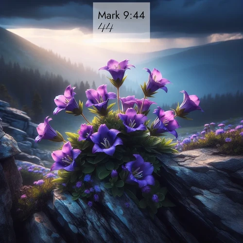BasicEnglish Gospel of Mark  ; image nature: image with the bible verse :[] ; Explore a rich collection of Bible verse images beautifully illustrated by natural landscapes, such as colorful skies, towering mountains, and tranquil rivers. The images highlight the serenity of God&#039;s creation with vivid tones and carefully chosen typography. Download and share inspiring verses like KJV Gospel of Mark 9:44. Current verse is overlayed with the thematic nature scene : Wild gentians bloom in rocky cracks. Summer storms gather above treeline. ; 9:44