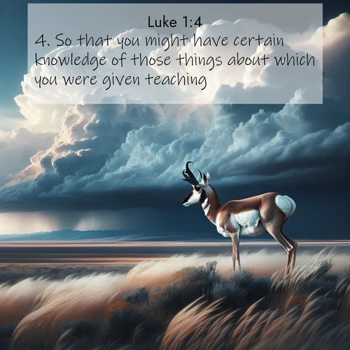BBE Gospel of Luke 1:4 overlaying nature image scene: A pronghorn pauses on wind-swept plains. Storm clouds build dark towers above.;4. So that you might have certain knowledge of those things about which you were given teaching.
