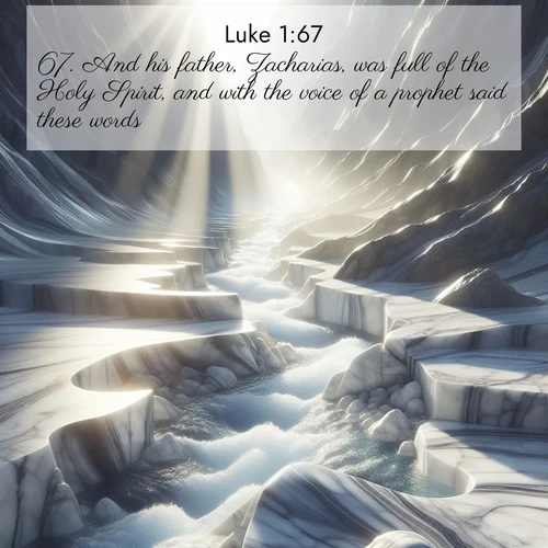 BBE Gospel of Luke 1:67 overlaying nature image scene: Mountain streams carve marble smooth. Sunlight dances on clear pools.;67. And his father, Zacharias, was full of the Holy Spirit, and with the voice of a prophet said these words: