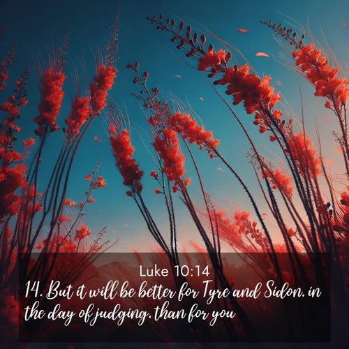 BasicEnglish Gospel of Luke  ; image nature: image with the bible verse :But it will be better for Tyre and Sidon, in the day of judging, than for you. ; Explore our gallery of inspiring Bible verse images showcasing divine beauty through nature. Download scenic images like snowy peaks, lush meadows, or radiant sunsets paired with verses like KJV Gospel of Luke 10:14. Current verse is overlayed with the thematic nature scene : Desert ocotillo flames against blue sky. Wind sings through its scarlet blooms. ; 10:14