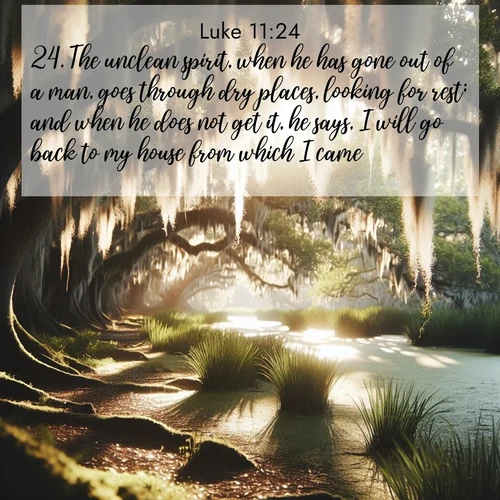 BasicEnglish Gospel of Luke  ; image nature: image with the bible verse :The unclean spirit, when he has gone out of a man, goes through dry places, looking for rest; and when he does not get it, he says, I will go back to my house from which I came. ; Discover Bible images capturing the essence of autumn, with wooded paths, golden fields, and swirling leaves. These scenes reflect the changing beauty of God&#039;s creation. Download verses like KJV Gospel of Luke 11:24. Current verse is overlayed with the thematic nature scene : Summer afternoon light filters through Spanish moss in a bayou. ; 11:24