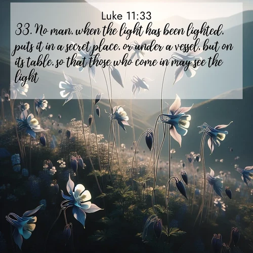 BasicEnglish Gospel of Luke  ; image nature: image with the bible verse :No man, when the light has been lighted, puts it in a secret place, or under a vessel, but on its table, so that those who come in may see the light. ; Explore free Bible verse images with stunning nature themes, including sunlit paths, forest clearings, and endless horizons. Perfect for desktop backgrounds or phone wallpapers. Verses include KJV Gospel of Luke 11:33. Current verse is overlayed with the thematic nature scene : Wild columbines dance on impossibly thin stems. Mountain breezes carry their perfume. ; 11:33