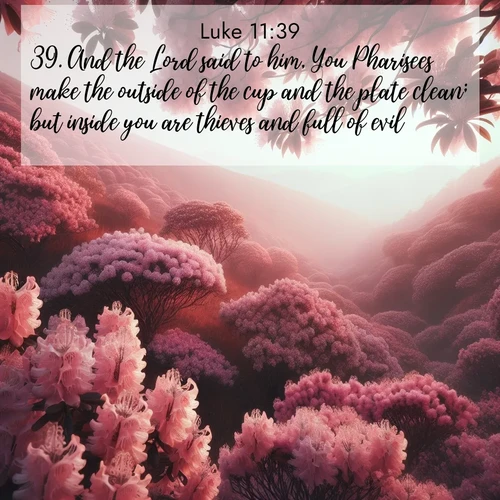 BasicEnglish Gospel of Luke  ; image nature: image with the bible verse :And the Lord said to him, You Pharisees make the outside of the cup and the plate clean; but inside you are thieves and full of evil. ; Explore a collection of Bible verses paired with springtime scenes, featuring blooming flowers, lush meadows, and trees in full bloom. These images symbolize divine renewal and hope. Download inspiring verses like KJV Gospel of Luke 11:39. Current verse is overlayed with the thematic nature scene : Mountain laurel blooms paint hillsides pink. Spring breezes carry their honey scent. ; 11:39