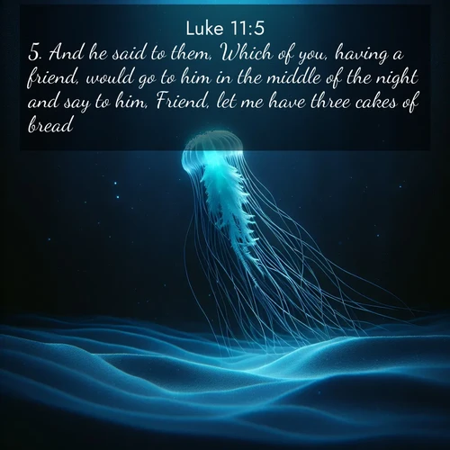BasicEnglish Gospel of Luke  ; image nature: image with the bible verse :And he said to them, Which of you, having a friend, would go to him in the middle of the night and say to him, Friend, let me have three cakes of bread; ; Browse a large collection of Bible verse images with photos showcasing the splendor of nature. Scenes of peaceful rivers, verdant valleys, and radiant skies enhance the inspiring verses. Each image reflects the serenity and joy of God&#039;s creation, with elegant text fonts. Download and share verses such as KJV Gospel of Luke 11:5. Current verse is overlayed with the thematic nature scene : A lone jellyfish pulses through midnight waters. Its bioluminescent tendrils paint trails of azure light in the depths. ; 11:5