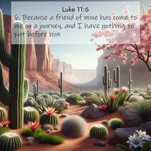 BasicEnglish Gospel of Luke  ; image nature: image with the bible verse :Because a friend of mine has come to me on a journey, and I have nothing to put before him; ; Admire our gallery of Bible verse images showcasing divine beauty in nature—whether snowy peaks or serene oceans. Each image is freely downloadable and perfect for personal or spiritual use. Share verses like KJV Gospel of Luke 11:6. Current verse is overlayed with the thematic nature scene : Desert cacti burst with spring blooms against red sandstone formations. ; 11:6