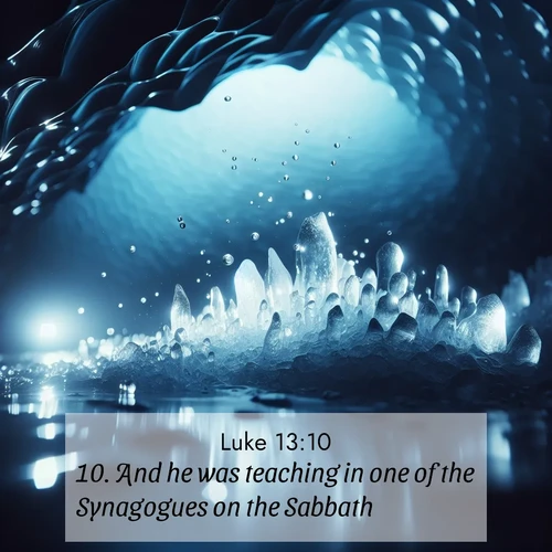 BBE Gospel of Luke 13:10 overlaying nature image scene: Ice caves glow with ethereal blue light. Water drops create crystalline music.;10. And he was teaching in one of the Synagogues on the Sabbath.