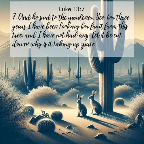 BBE Gospel of Luke 13:7 overlaying nature image scene: Desert jackrabbits pause in saguaro shade. Heat waves distort distant peaks.;7. And he said to the gardener, See, for three years I have been looking for fruit from this tree, and I have not had any: let it be cut down; why is it taking up space?