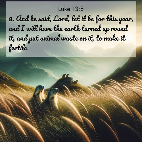 BasicEnglish Gospel of Luke  ; image nature: image with the bible verse :And he said, Lord, let it be for this year, and I will have the earth turned up round it, and put animal waste on it, to make it fertile: ; Discover beautiful Bible verse images enriched with natural landscapes, from serene beaches to cascading waterfalls. All images are free and ready to download. Share verses such as KJV Gospel of Luke 13:8. Current verse is overlayed with the thematic nature scene : Mountain meadow grasses bend in wind. Marmots whistle from rocky outcrops. ; 13:8