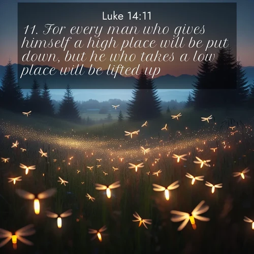 BasicEnglish Gospel of Luke  ; image nature: image with the bible verse :For every man who gives himself a high place will be put down, but he who takes a low place will be lifted up. ; Browse high-resolution Bible verse images featuring stunning nature photography, such as radiant sunsets, tranquil rivers, and blooming fields. Perfect for wallpapers or sharing on social media. Download KJV Gospel of Luke 14:11. Current verse is overlayed with the thematic nature scene : Lightning bugs rise from summer meadows at dusk. Their lights dance like earthbound stars. ; 14:11