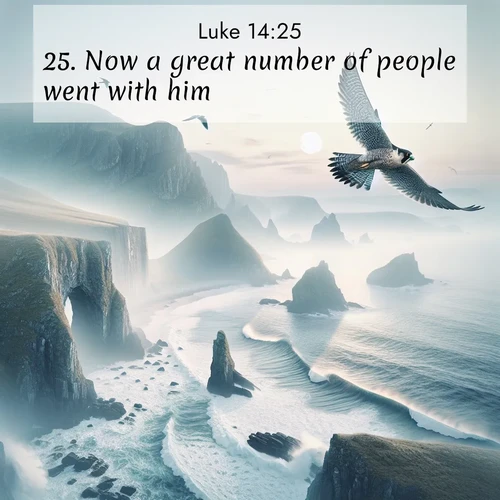 BasicEnglish Gospel of Luke  ; image nature: image with the bible verse :Now a great number of people went with him. ; Dive into a gallery of Bible verses illustrated by tropical beach scenes, featuring sparkling waves, seashells, and radiant sunrises. These images evoke divine peace and joy. Download and share inspiring verses like KJV Gospel of Luke 14:25. Current verse is overlayed with the thematic nature scene : A peregrine falcon rides thermal currents above coastal cliffs. Waves crash endlessly against the rocks below. ; 14:25