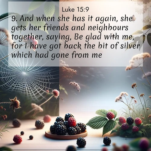 BasicEnglish Gospel of Luke  ; image nature: image with the bible verse :And when she has it again, she gets her friends and neighbours together, saying, Be glad with me, for I have got back the bit of silver which had gone from me. ; Download high-resolution Bible verse images showcasing the beauty of God&#039;s creation—from radiant sunsets to tranquil rivers. Free for use as wallpapers or sharing verses like KJV Gospel of Luke 15:9. Current verse is overlayed with the thematic nature scene : Wild blackberries ripen in secret hollows. Morning spider webs catch dew like diamonds. ; 15:9
