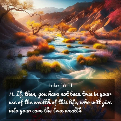 BasicEnglish Gospel of Luke  ; image nature: image with the bible verse :If, then, you have not been true in your use of the wealth of this life, who will give into your care the true wealth? ; Discover Bible verse images capturing the warmth of summer, with beach landscapes, sunlit fields, and clear skies. These bright scenes reflect divine joy. Share verses like KJV Gospel of Luke 16:11. Current verse is overlayed with the thematic nature scene : Spring floods transform desert arroyos into rushing streams. ; 16:11