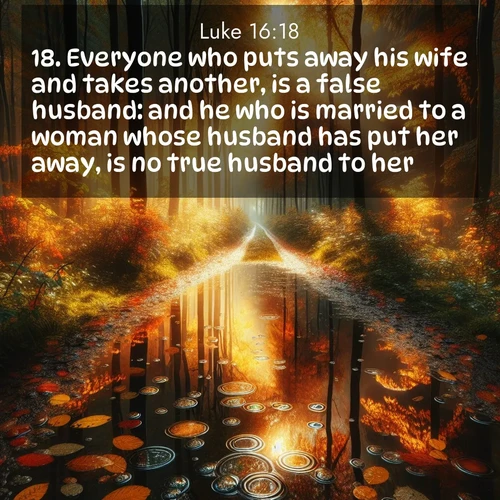 BasicEnglish Gospel of Luke  ; image nature: image with the bible verse :Everyone who puts away his wife and takes another, is a false husband: and he who is married to a woman whose husband has put her away, is no true husband to her. ; Discover Bible images illustrated by desert landscapes, like sand dunes, majestic rocks, and starry skies. These images symbolize the grandeur and immensity of God&#039;s creation. Download verses like KJV Gospel of Luke 16:18. Current verse is overlayed with the thematic nature scene : Autumn colors reflect in rain puddles on a forest path. ; 16:18