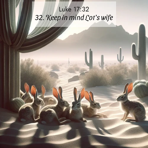 BasicEnglish Gospel of Luke  ; image nature: image with the bible verse :Keep in mind Lot&#039;s wife. ; Admire Bible verse images capturing the beauty of beaches, with turquoise waters, palm trees, and peaceful shores. These soothing scenes reflect God&#039;s serenity and majesty. Download and share verses like KJV Gospel of Luke 17:32. Current verse is overlayed with the thematic nature scene : Desert jackrabbits rest in cactus shade. Heat waves distort distant peaks. ; 17:32
