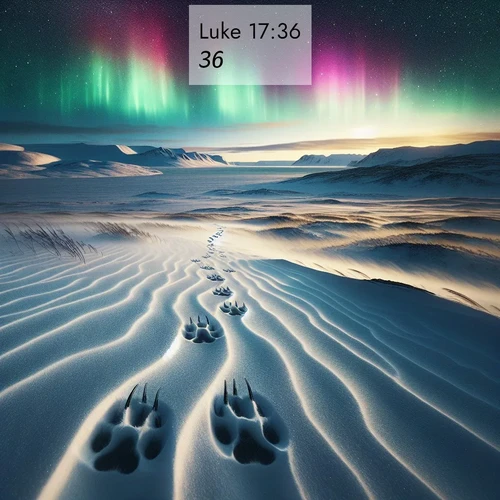 BasicEnglish Gospel of Luke  ; image nature: image with the bible verse :[] ; Browse our collection of Bible verses paired with captivating photos of God’s creation, like crystal-clear lakes, majestic cliffs, and colorful skies. All images are free for download and sharing. Verse examples include KJV Gospel of Luke 17:36. Current verse is overlayed with the thematic nature scene : Arctic fox tracks cross windswept tundra. Northern lights pulse overhead in cosmic rhythm. ; 17:36