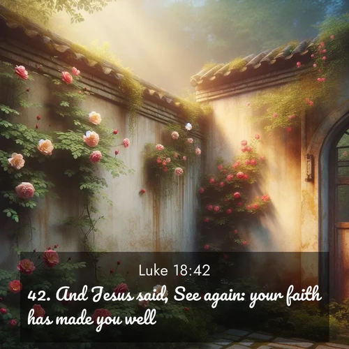 BBE Gospel of Luke 18:42 overlaying nature image scene: Wild roses climb abandoned walls. Time stands still in secret gardens.;42. And Jesus said, See again: your faith has made you well.