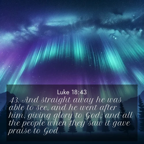BBE Gospel of Luke 18:43 overlaying nature image scene: Aurora borealis ripples like cosmic curtains. Pine trees stand sentinel beneath the light show.;43. And straight away he was able to see, and he went after him, giving glory to God; and all the people when they saw it gave praise to God.
