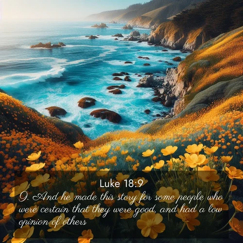 BBE Gospel of Luke 18:9 overlaying nature image scene: Wild mustard flowers carpet coastal cliffs. Pacific waves provide endless percussion below.;9. And he made this story for some people who were certain that they were good, and had a low opinion of others: