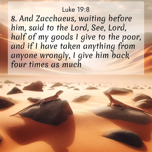 BasicEnglish Gospel of Luke  ; image nature: image with the bible verse :And Zacchaeus, waiting before him, said to the Lord, See, Lord, half of my goods I give to the poor, and if I have taken anything from anyone wrongly, I give him back four times as much. ; Dive into our collection of Bible verse images combined with sublime nature photos, such as graceful waterfalls, radiant sunsets, and endless meadows. These compositions highlight the peace and harmony of God&#039;s creation with vivid colors and carefully integrated text. Download and share verses like KJV Gospel of Luke 19:8. Current verse is overlayed with the thematic nature scene : Desert lizards bask on sun-hot rocks. Heat mirages dance like water. ; 19:8