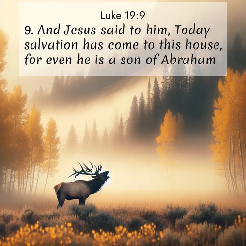 BasicEnglish Gospel of Luke  ; image nature: image with the bible verse :And Jesus said to him, Today salvation has come to this house, for even he is a son of Abraham. ; Discover breathtaking Bible verse images combined with vibrant landscapes like rolling hills, blooming gardens, and starry nights. Use them as wallpapers or to inspire others. Download verses like KJV Gospel of Luke 19:9. Current verse is overlayed with the thematic nature scene : A bull elk bugles across a misty valley. Aspen leaves quake golden in response. ; 19:9