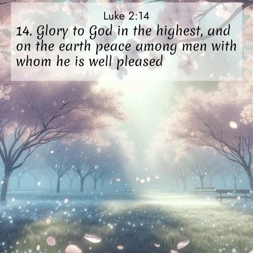 BasicEnglish Gospel of Luke  ; image nature: image with the bible verse :Glory to God in the highest, and on the earth peace among men with whom he is well pleased. ; Browse our collection of Bible verses paired with captivating photos of God’s creation, like crystal-clear lakes, majestic cliffs, and colorful skies. All images are free for download and sharing. Verse examples include KJV Gospel of Luke 2:14. Current verse is overlayed with the thematic nature scene : Spring rain falls on cherry trees in full bloom, petals drifting like snow. ; 2:14