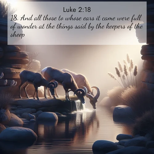 BasicEnglish Gospel of Luke  ; image nature: image with the bible verse :And all those to whose ears it came were full of wonder at the things said by the keepers of the sheep. ; Discover Bible images adorned with spring landscapes, like tulip fields, cherry blossoms, and green hills. These bright scenes symbolize God&#039;s renewal and grace. Download verses like KJV Gospel of Luke 2:18. Current verse is overlayed with the thematic nature scene : Desert bighorns drink from hidden springs. Time flows like water through stone. ; 2:18