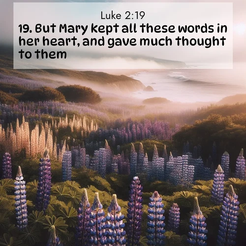BasicEnglish Gospel of Luke  ; image nature: image with the bible verse :But Mary kept all these words in her heart, and gave much thought to them. ; Admire our autumnal collection of Bible verse images accompanied by photos of paths lined with red and yellow leaves, fiery forests, and calm rivers. These images inspire reflection and serenity. Share verses like KJV Gospel of Luke 2:19. Current verse is overlayed with the thematic nature scene : Wild lupines carpet a coastal meadow. Ocean fog rolls in on silent feet. ; 2:19