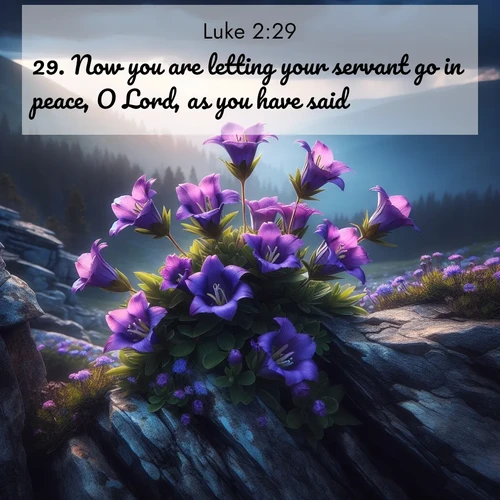 BasicEnglish Gospel of Luke  ; image nature: image with the bible verse :Now you are letting your servant go in peace, O Lord, as you have said; ; Download high-resolution Bible verse images showcasing the beauty of God&#039;s creation—from radiant sunsets to tranquil rivers. Free for use as wallpapers or sharing verses like KJV Gospel of Luke 2:29. Current verse is overlayed with the thematic nature scene : Wild gentians bloom in rocky cracks. Summer storms gather above treeline. ; 2:29