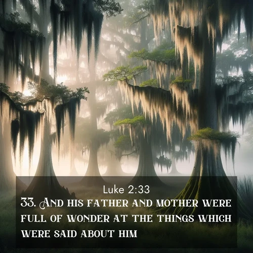 BasicEnglish Gospel of Luke  ; image nature: image with the bible verse :And his father and mother were full of wonder at the things which were said about him. ; Browse a large collection of Bible verse images with photos showcasing the splendor of nature. Scenes of peaceful rivers, verdant valleys, and radiant skies enhance the inspiring verses. Each image reflects the serenity and joy of God&#039;s creation, with elegant text fonts. Download and share verses such as KJV Gospel of Luke 2:33. Current verse is overlayed with the thematic nature scene : Moss-draped cypress trees emerge from morning fog. Spanish moss sways like ancient lace. ; 2:33