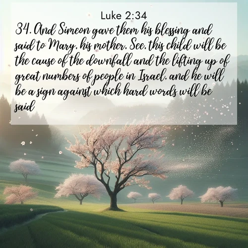 BasicEnglish Gospel of Luke  ; image nature: image with the bible verse :And Simeon gave them his blessing and said to Mary, his mother, See, this child will be the cause of the downfall and the lifting up of great numbers of people in Israel, and he will be a sign against which hard words will be said; ; Browse our library of beautiful Bible verse images, perfect for wallpapers or sharing. Each verse is paired with serene natural landscapes like misty mountains, calming beaches, and colorful sunsets. Download and enjoy verses such as KJV Gospel of Luke 2:34. Current verse is overlayed with the thematic nature scene : Spring winds scatter cherry blossoms like snow. ; 2:34