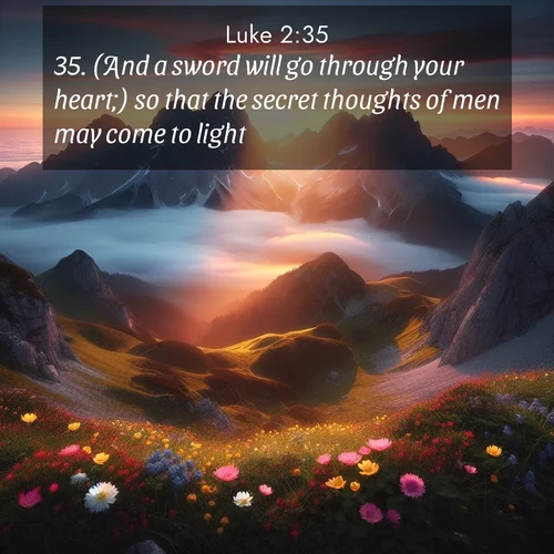 BasicEnglish Gospel of Luke  ; image nature: image with the bible verse :(And a sword will go through your heart;) so that the secret thoughts of men may come to light. ; Explore a winter collection of Bible verse images adorned with photos of icy landscapes, frozen waterfalls, and snow-covered forests. These scenes capture divine tranquility and purity. Download inspiring verses like KJV Gospel of Luke 2:35. Current verse is overlayed with the thematic nature scene : Jagged peaks pierce through low-hanging clouds at sunrise. Alpine flowers dot the meadow below with splashes of color. ; 2:35