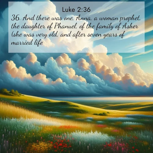 BasicEnglish Gospel of Luke  ; image nature: image with the bible verse :And there was one, Anna, a woman prophet, the daughter of Phanuel, of the family of Asher (she was very old, and after seven years of married life ; Dive into a gallery of Bible verses illustrated by tropical beach scenes, featuring sparkling waves, seashells, and radiant sunrises. These images evoke divine peace and joy. Download and share inspiring verses like KJV Gospel of Luke 2:36. Current verse is overlayed with the thematic nature scene : Summer thunderheads build over grasslands dotted with wildflowers. ; 2:36