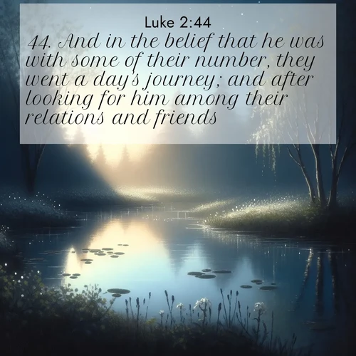 BasicEnglish Gospel of Luke  ; image nature: image with the bible verse :And in the belief that he was with some of their number, they went a day&#039;s journey; and after looking for him among their relations and friends, ; Dive into our collection of Bible verse images beautifully illustrated with beach photos, featuring gentle waves, sunsets over the sea, and sandy shores. These scenes evoke the peace and majesty of God. Download and share inspiring verses like KJV Gospel of Luke 2:44. Current verse is overlayed with the thematic nature scene : Spring peepers call from a pond reflecting the first evening stars. ; 2:44
