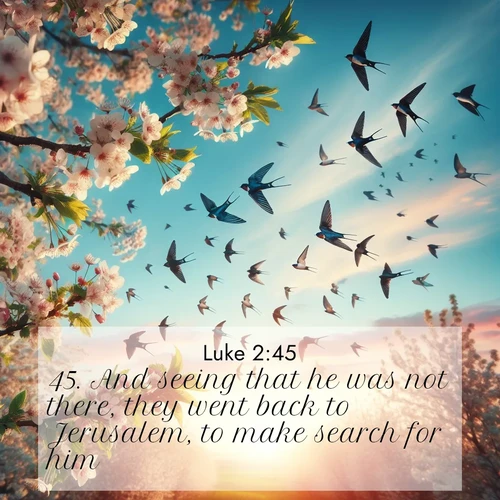 BasicEnglish Gospel of Luke  ; image nature: image with the bible verse :And seeing that he was not there, they went back to Jerusalem, to make search for him. ; Discover Bible images adorned with spring landscapes, like tulip fields, cherry blossoms, and green hills. These bright scenes symbolize God&#039;s renewal and grace. Download verses like KJV Gospel of Luke 2:45. Current verse is overlayed with the thematic nature scene : Spring migration fills the sky with countless swallows. ; 2:45