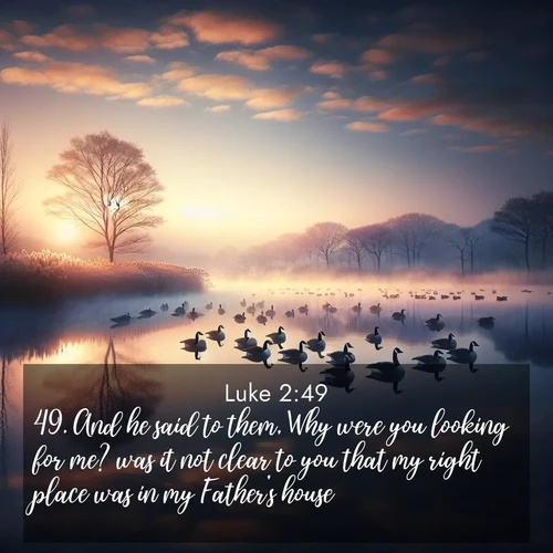 BasicEnglish Gospel of Luke  ; image nature: image with the bible verse :And he said to them, Why were you looking for me? was it not clear to you that my right place was in my Father&#039;s house? ; Dive into our collection of Bible verse images combined with sublime nature photos, such as graceful waterfalls, radiant sunsets, and endless meadows. These compositions highlight the peace and harmony of God&#039;s creation with vivid colors and carefully integrated text. Download and share verses like KJV Gospel of Luke 2:49. Current verse is overlayed with the thematic nature scene : Wild geese rest on still waters. Dawn mist rises like dreams. ; 2:49