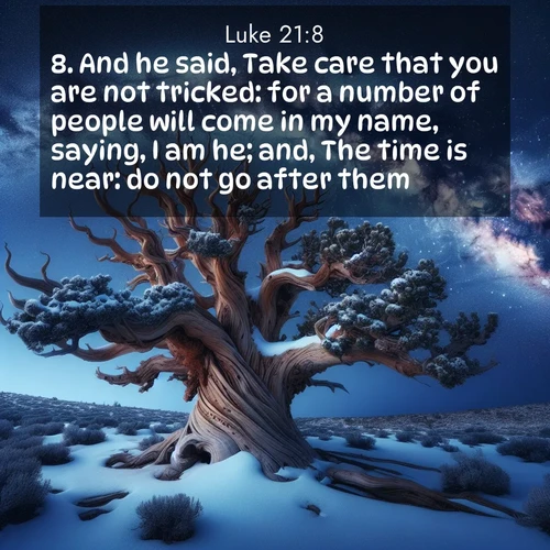 BasicEnglish Gospel of Luke  ; image nature: image with the bible verse :And he said, Take care that you are not tricked: for a number of people will come in my name, saying, I am he; and, The time is near: do not go after them. ; Discover Bible images adorned with spring landscapes, like tulip fields, cherry blossoms, and green hills. These bright scenes symbolize God&#039;s renewal and grace. Download verses like KJV Gospel of Luke 21:8. Current verse is overlayed with the thematic nature scene : Ancient bristlecone pine twists against a navy twilight sky, its gnarled branches laden with fresh snow. The Milky Way arcs overhead in crystalline clarity. ; 21:8